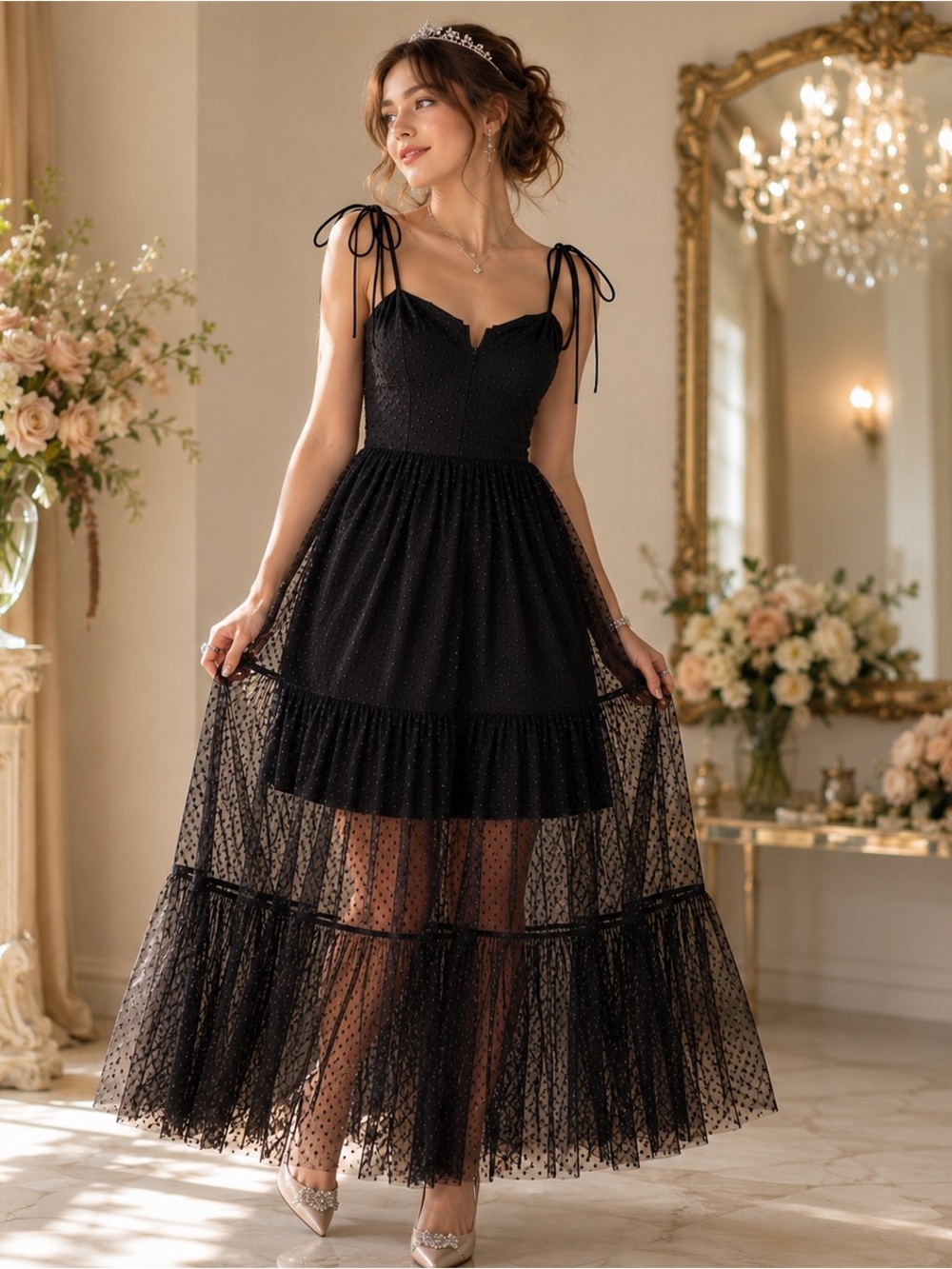 Lulu's Black Swiss Dot Tiered Maxi Dress XS Bustier Spaghetti Strap Gown